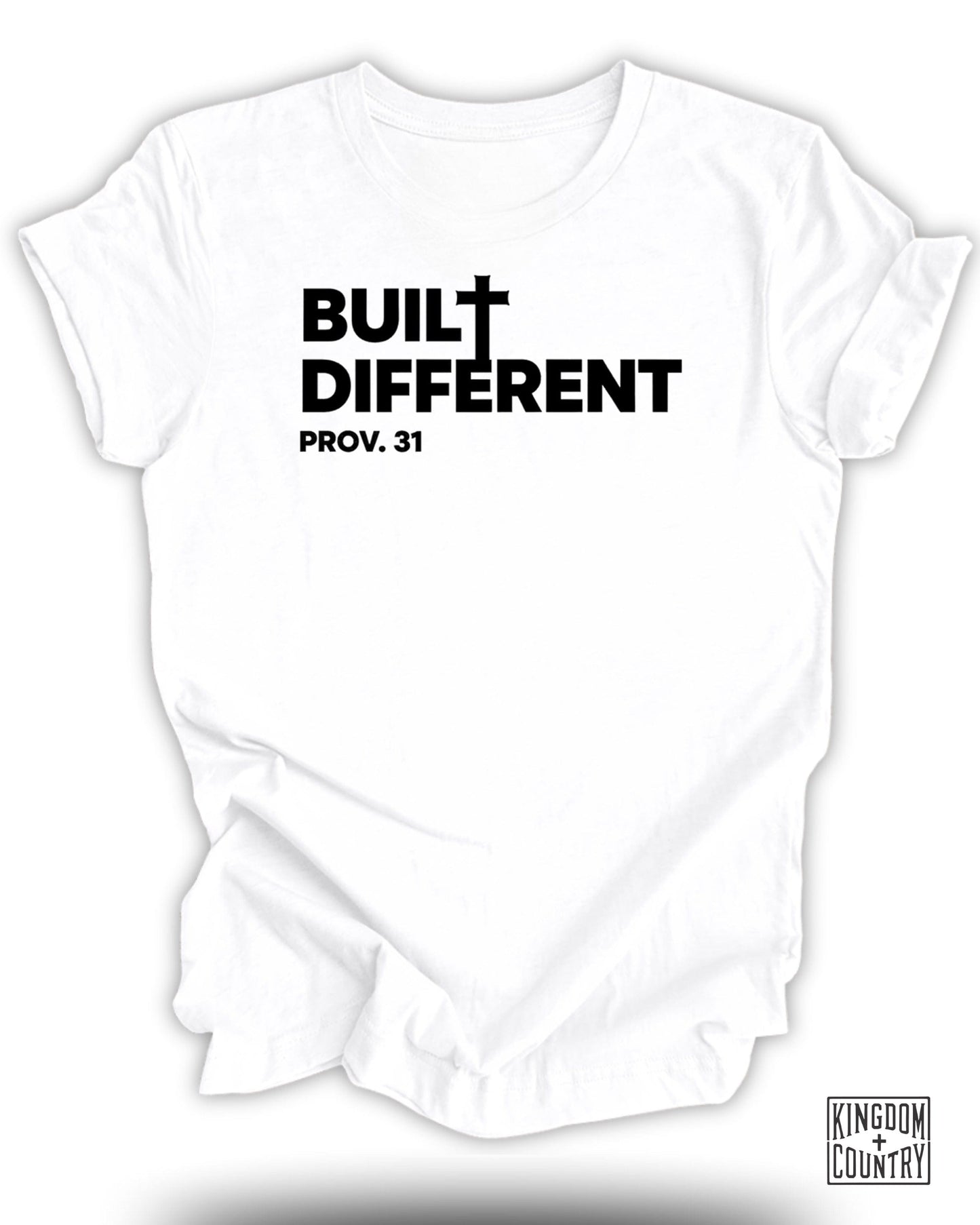 White t-shirt with "BUILT DIFFERENT" and "PROV. 31" in black text.