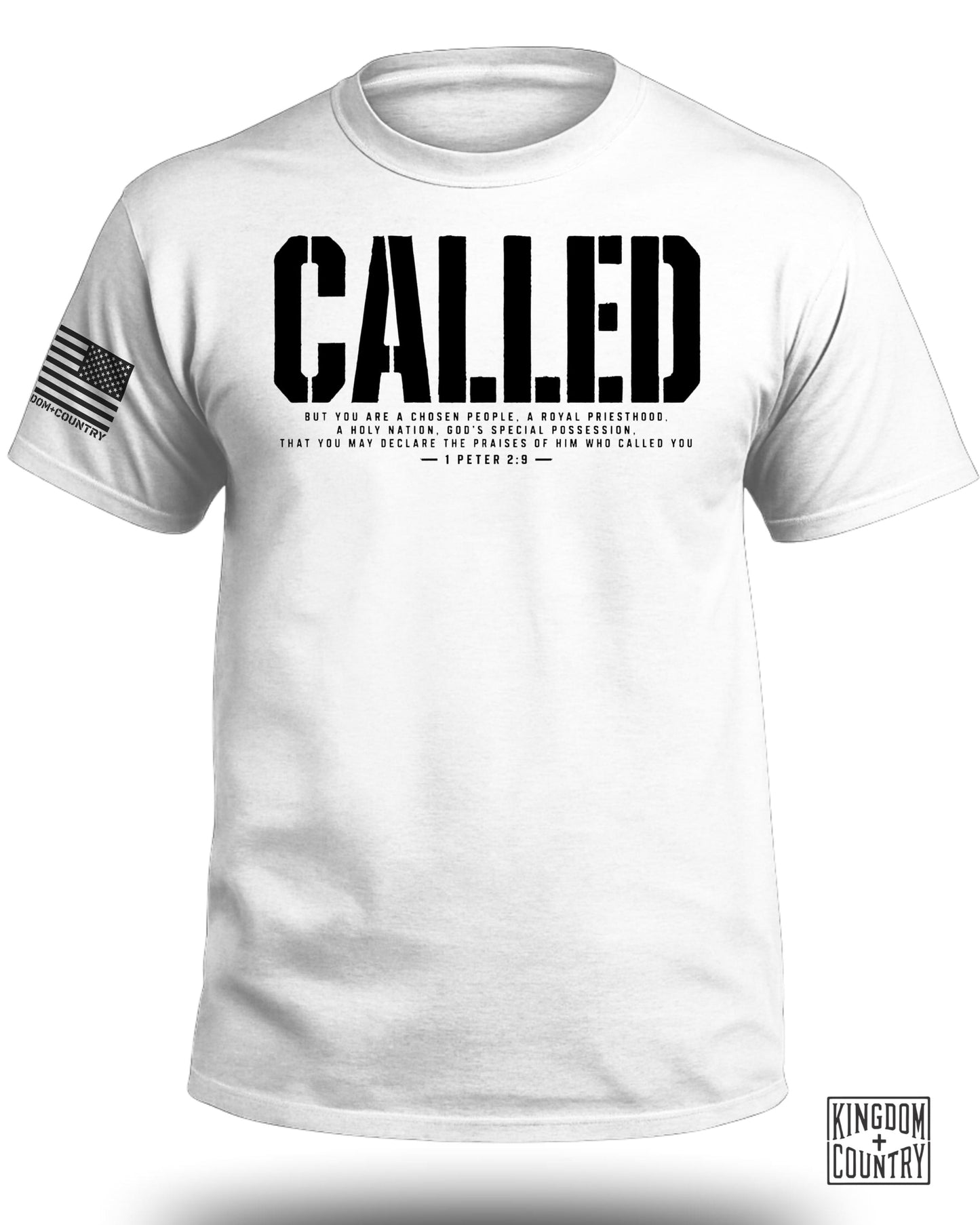 White t-shirt with "CALLED" text and 1 Peter 2:9 scripture on the front.