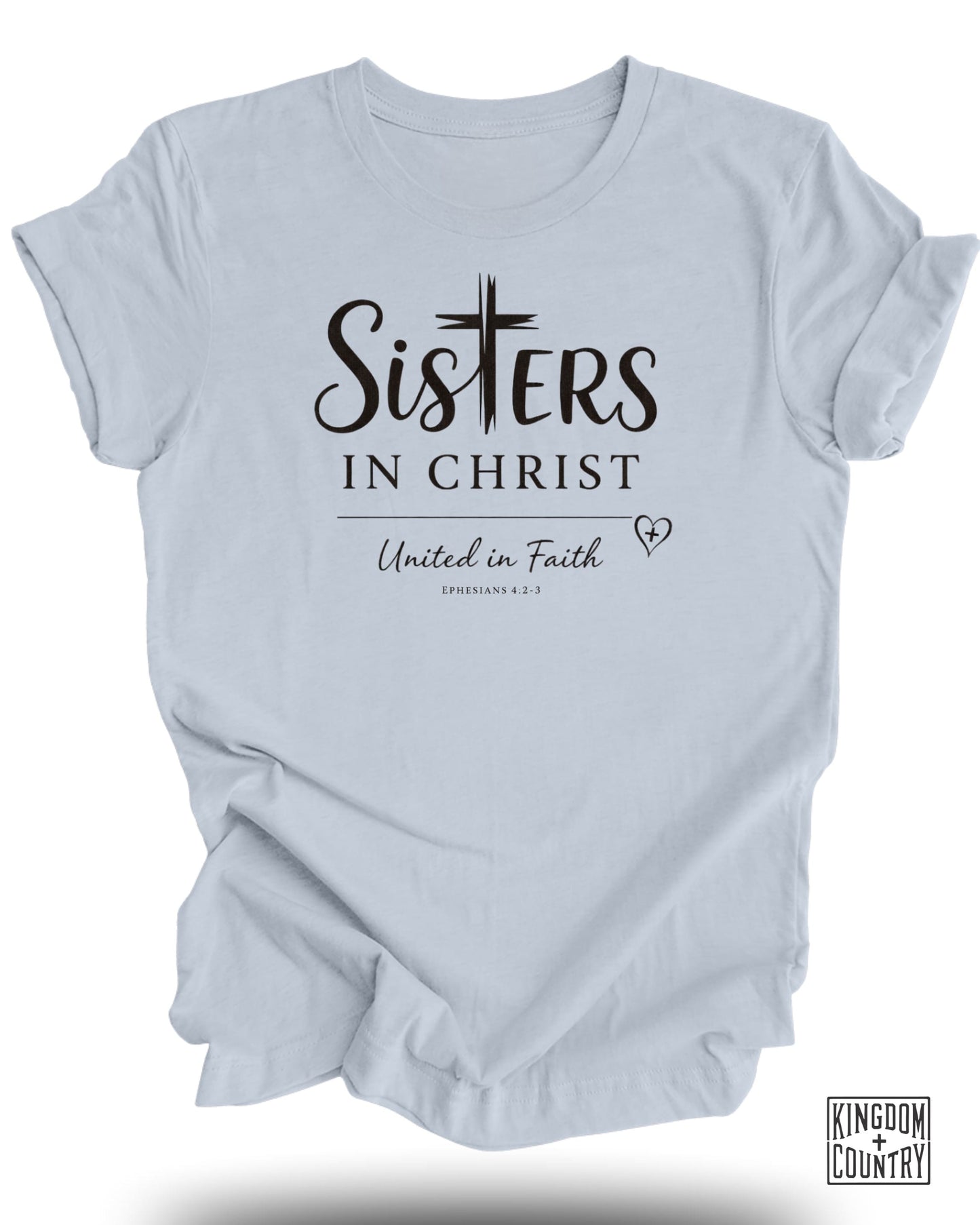 Light blue t-shirt with "Sisters in Christ" and Bible verse.