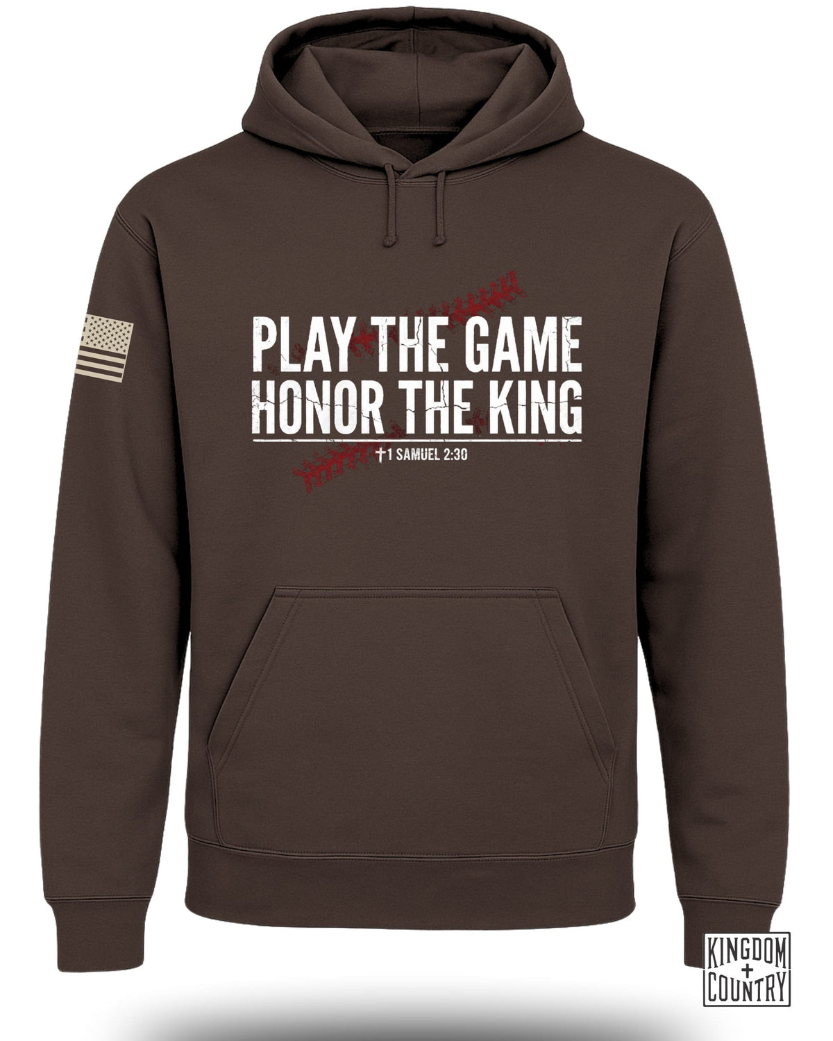 Brown hooded sweatshirt with text Play the Game Honor the King over a baseball stitch graphic.