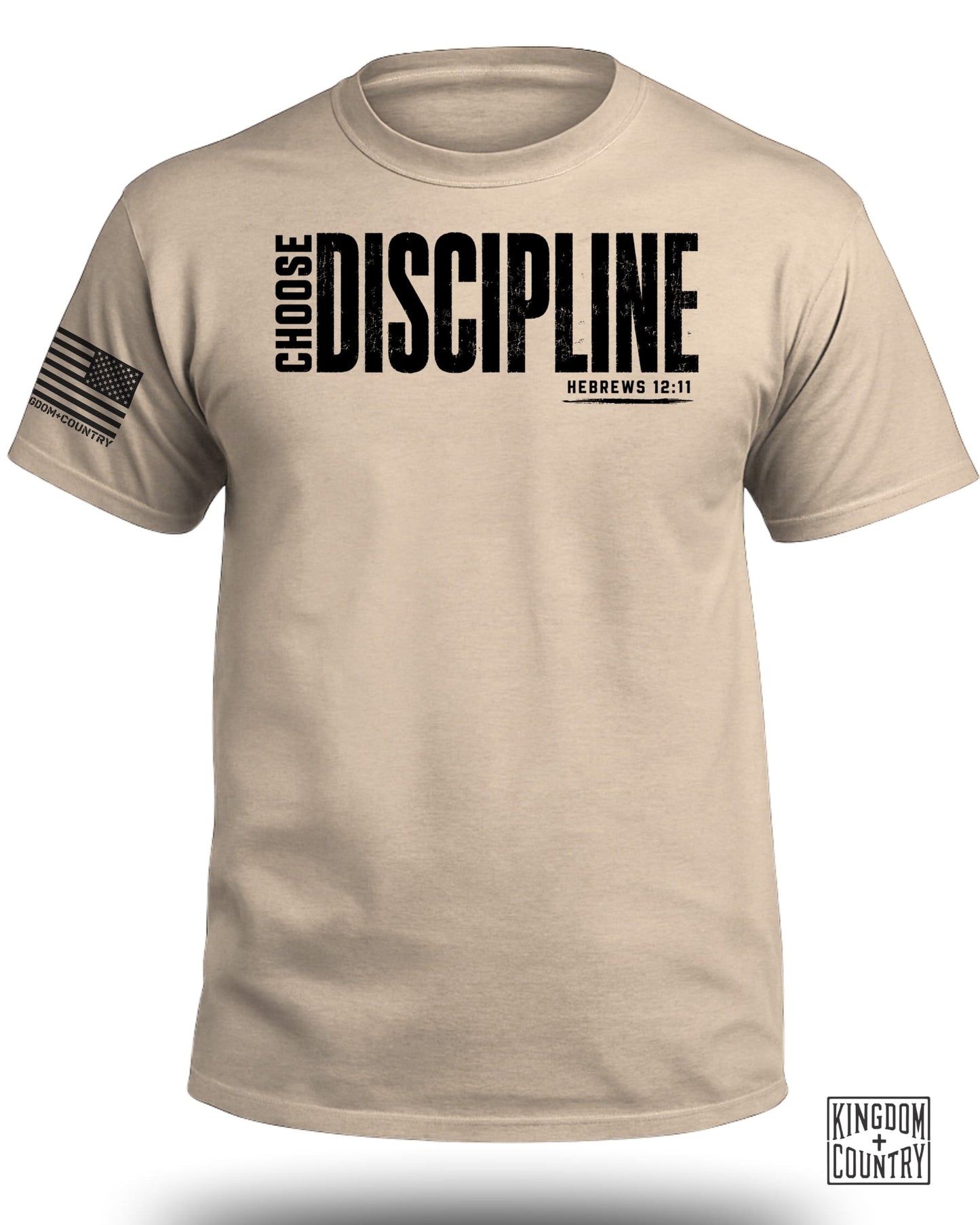 Tan t-shirt with "CHOOSE DISCIPLINE" and "HEBREWS 12:11" text, and American flag graphic.