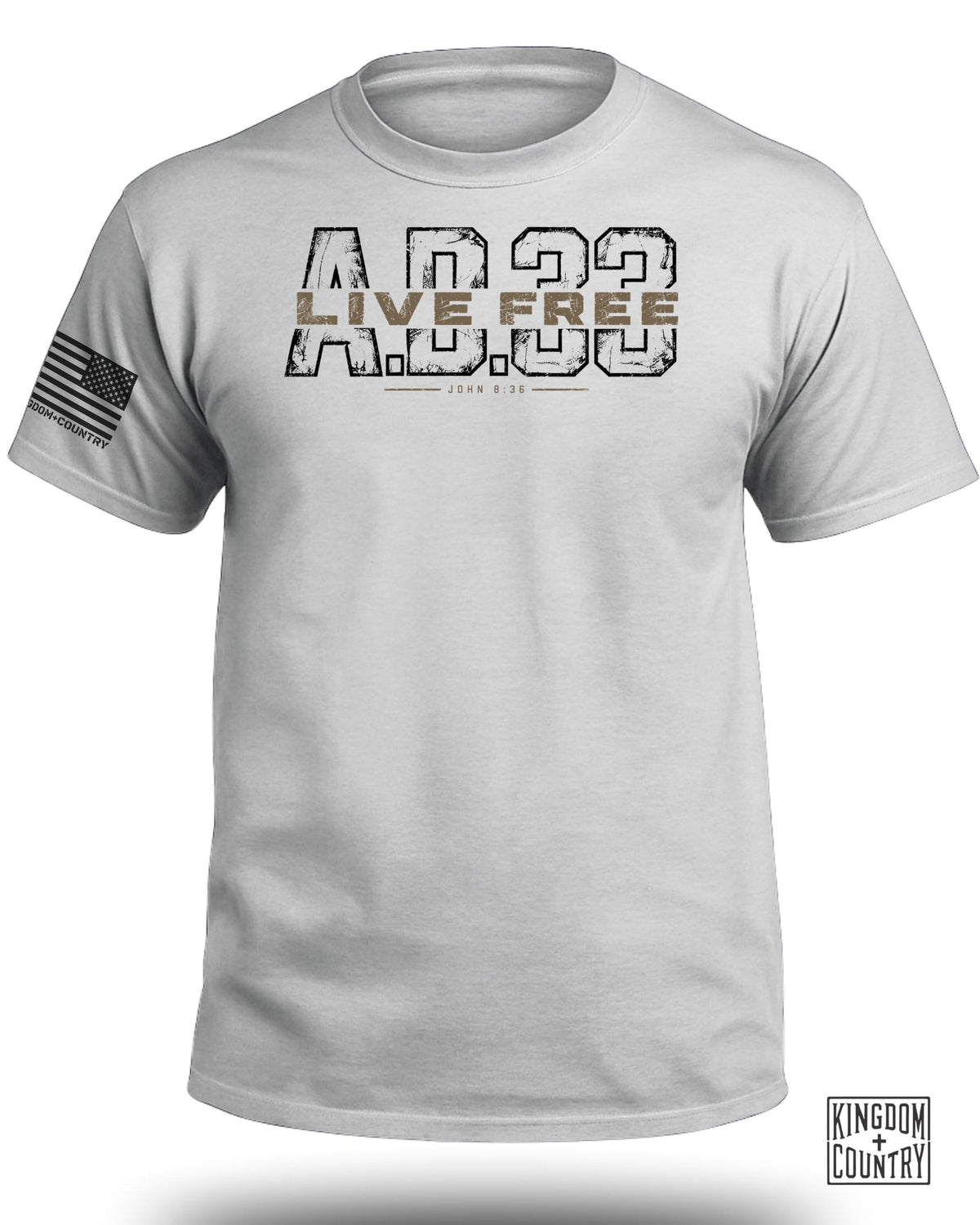 Light gray t-shirt featuring the text AD 33, Live Free, and John 8:36 on the chest.