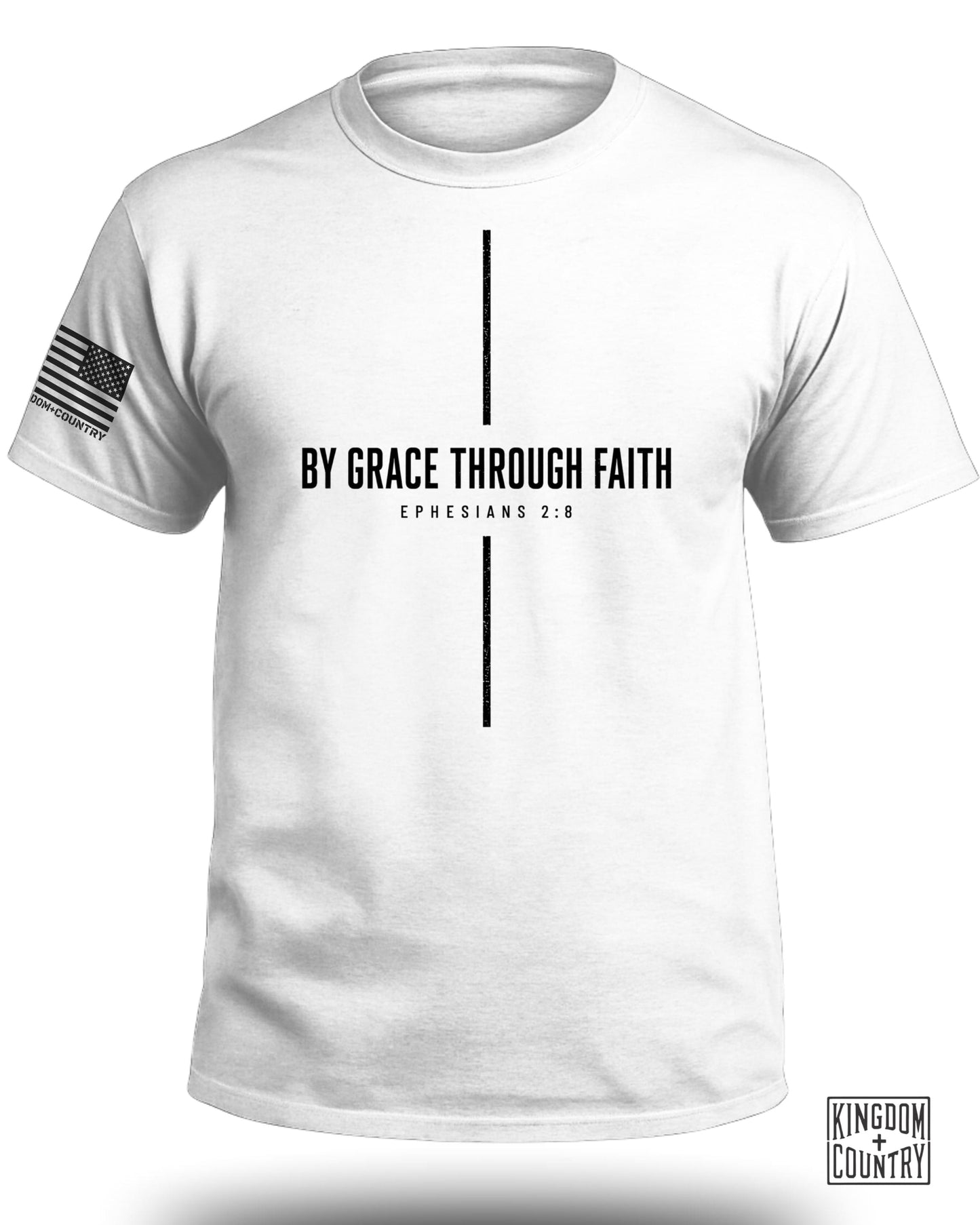 White t-shirt with "BY GRACE THROUGH FAITH Ephesians 2:8" and an American flag on sleeve.