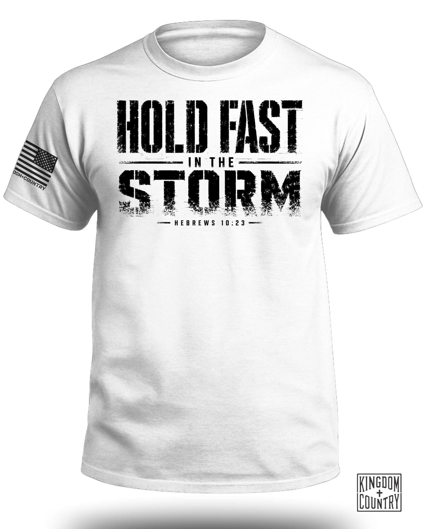 White t-shirt with black distressed text "HOLD FAST IN THE STORM HEBREWS 10:23" and American flag logo.