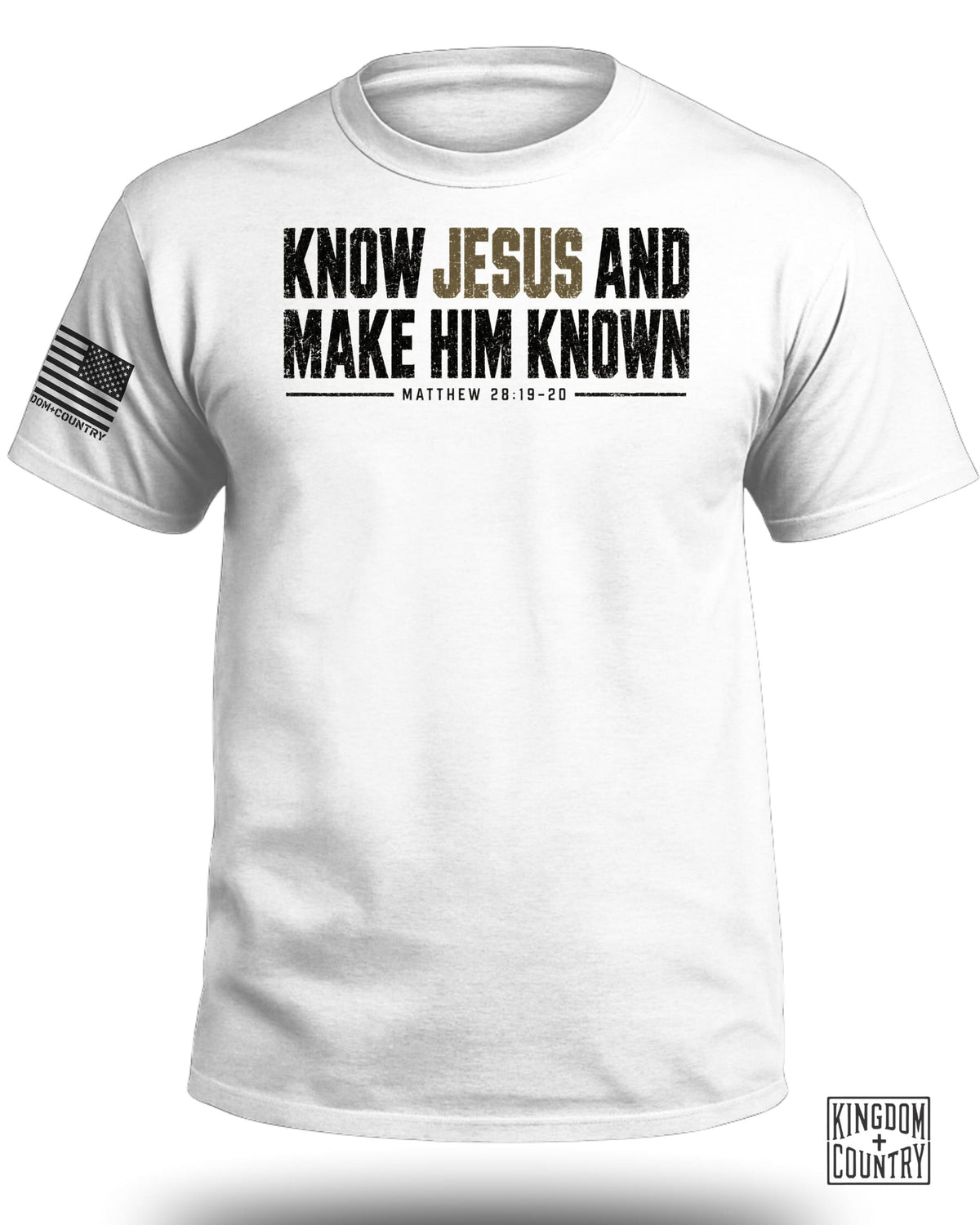 White t-shirt with "KNOW JESUS AND MAKE HIM KNOWN" and Bible verse.