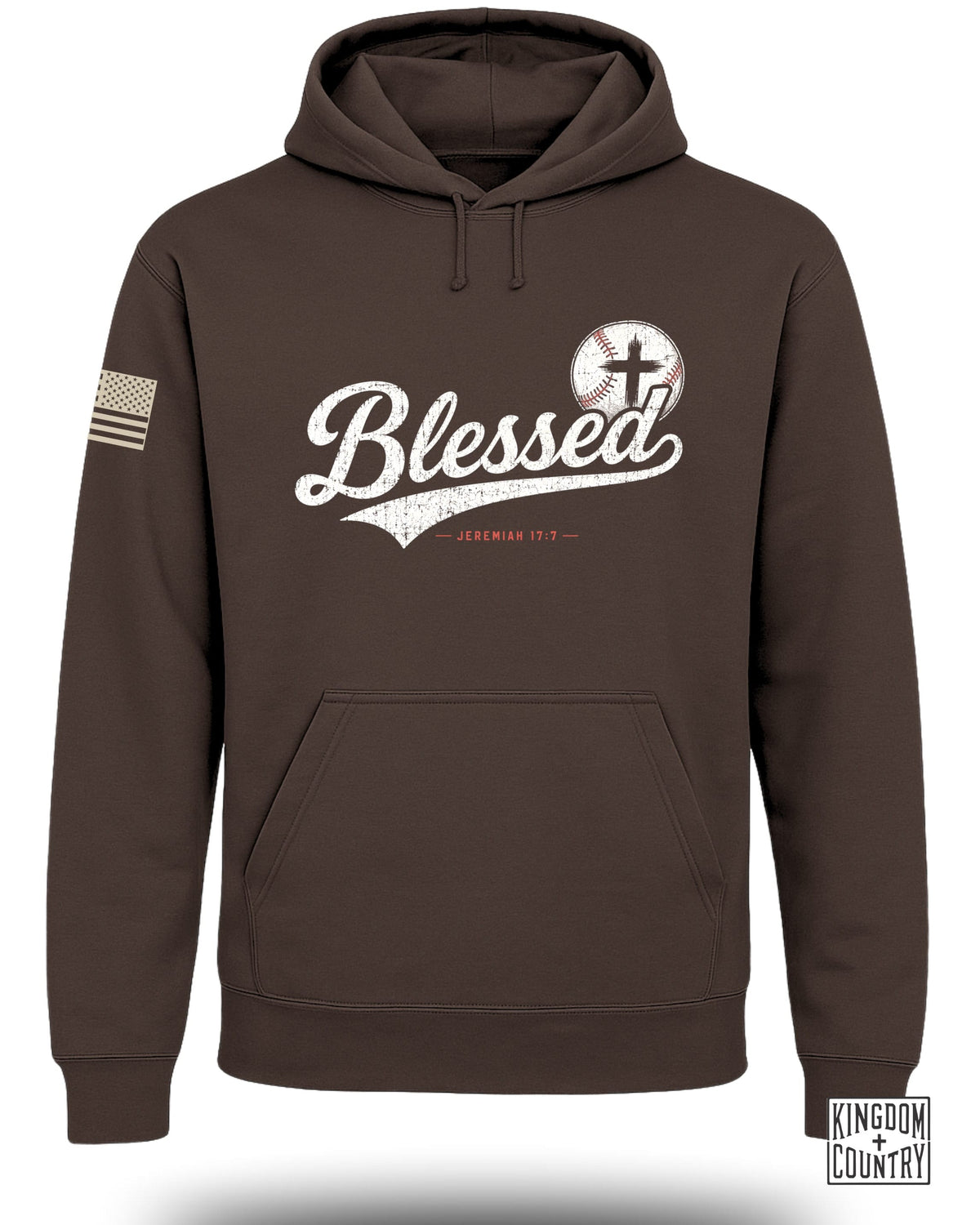 Brown pullover hoodie featuring a front pocket, a white distressed "Blessed" graphic with a baseball, and an American flag patch on the sleeve.