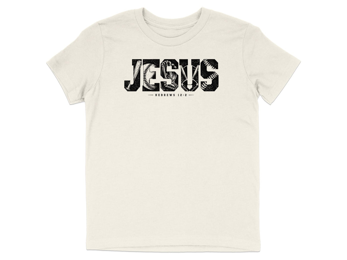 Cream t-shirt with black "JESUS" text filled with baseball imagery and "HEBREWS 12:2".