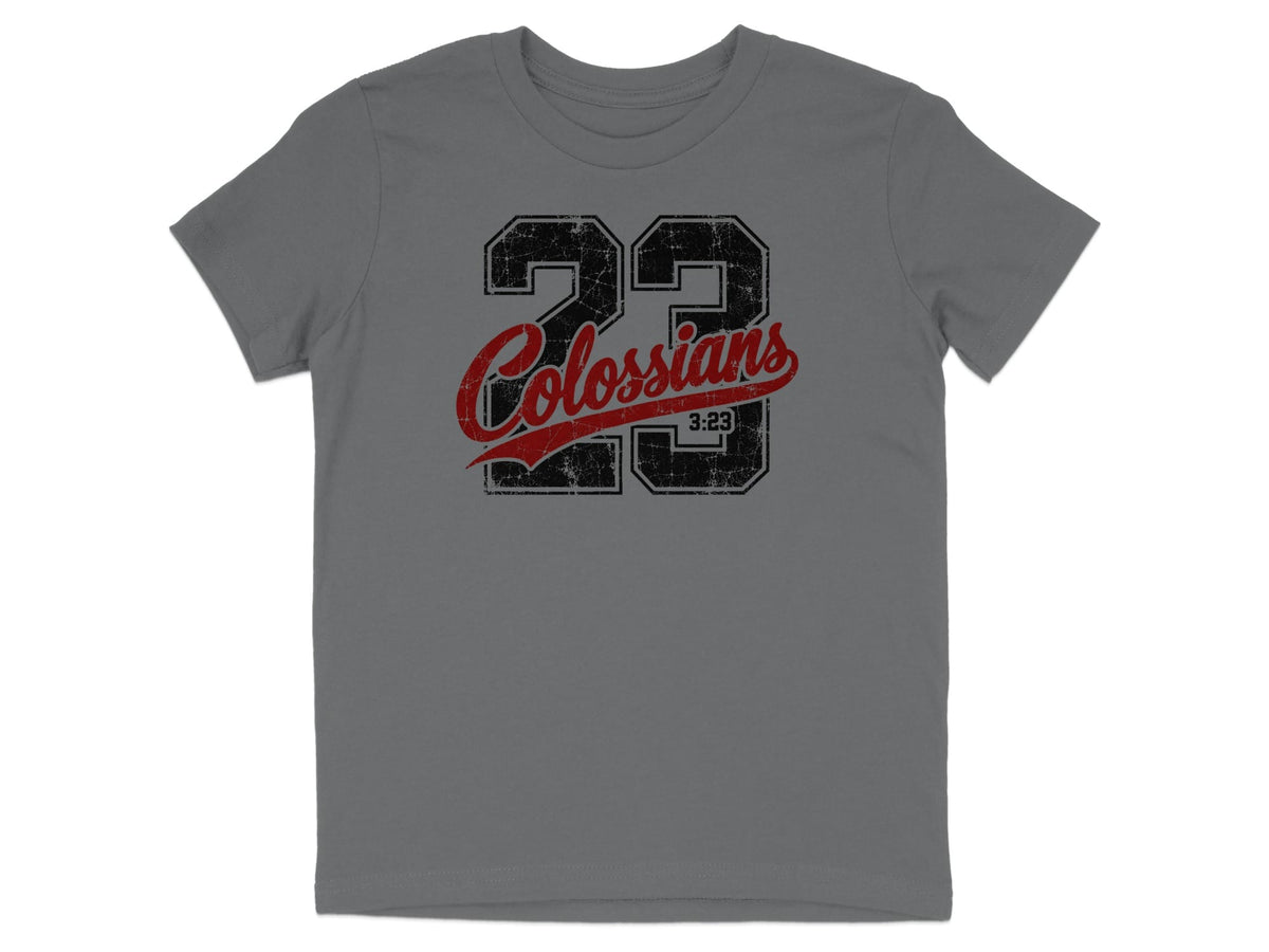 Gray t-shirt with "Colossians 3:23" printed in distressed red and black.