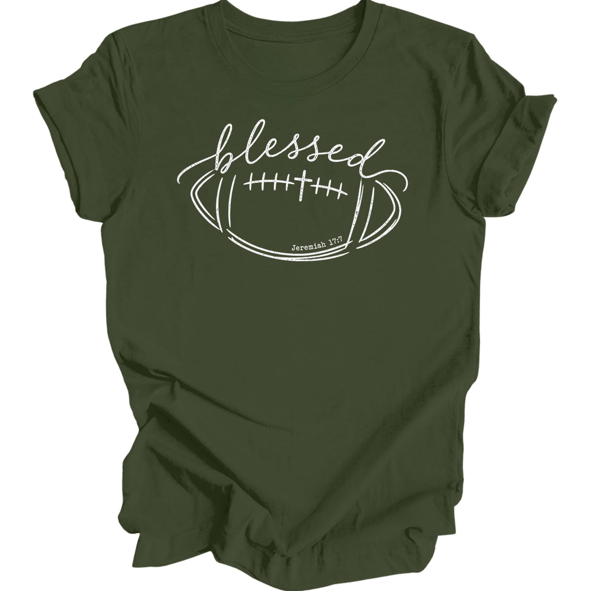 Olive t-shirt with white "blessed" text and football graphic with Jeremiah 17:7.