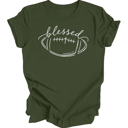 Olive t-shirt with white "blessed" text and football graphic with Jeremiah 17:7.