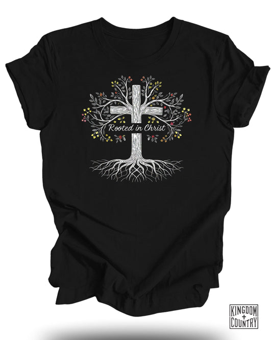 Rooted in Christ Tree Design Black Tshirt product