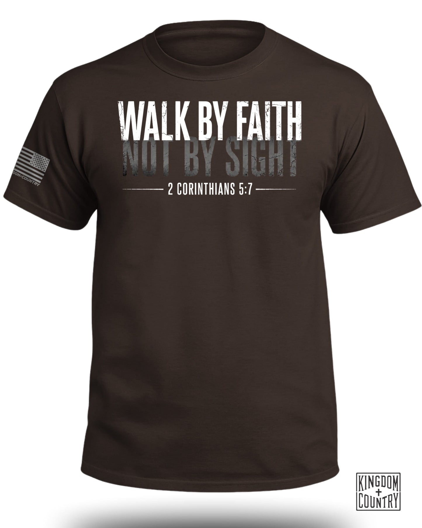 Brown t-shirt with "WALK BY FAITH NOT BY SIGHT" and "2 CORINTHIANS 5:7" text.