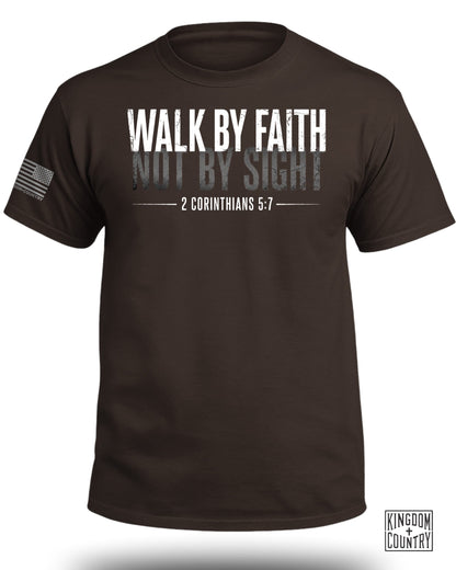 Brown t-shirt with "WALK BY FAITH NOT BY SIGHT" and "2 CORINTHIANS 5:7" text.