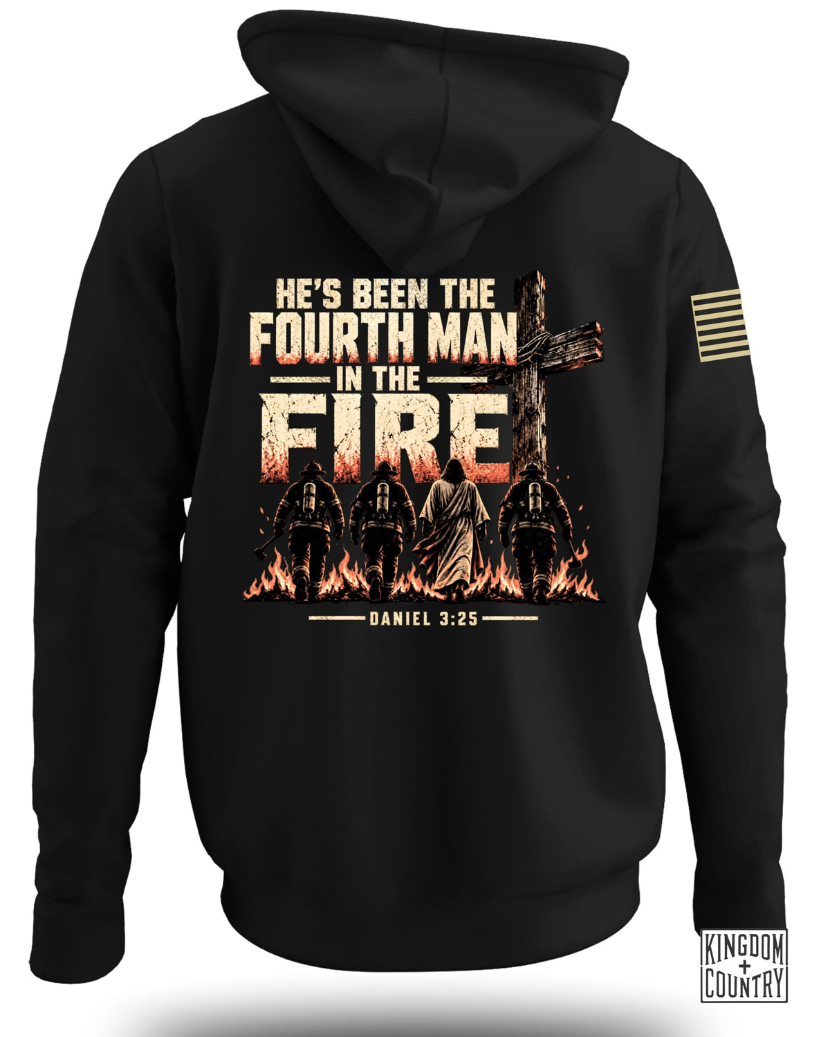 Black hoodie with graphic: three firefighters and Jesus walking towards a cross in flames.