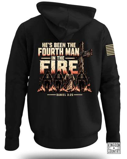 Black hoodie with graphic: three firefighters and Jesus walking towards a cross in flames.