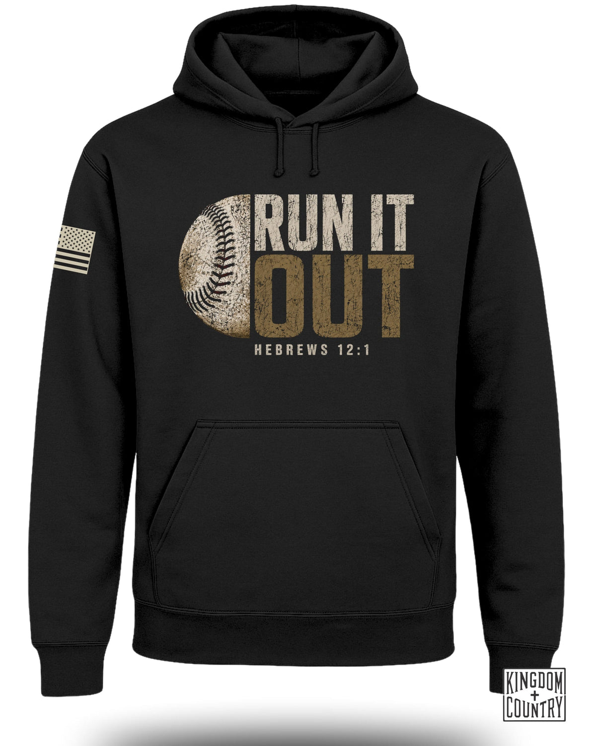 Black hoodie with baseball graphic and text "RUN IT OUT HEBREWS 12:1".