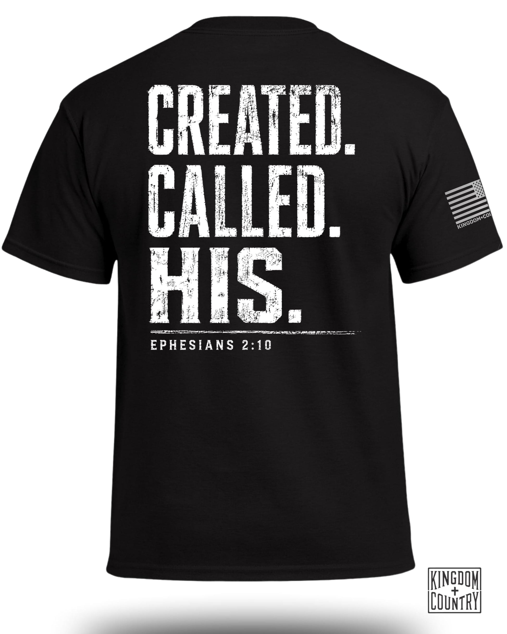 Black t-shirt with white distressed text "CREATED. CALLED. HIS." and "EPHESIANS 2:10".