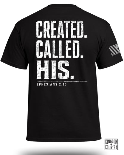 Black t-shirt with white distressed text "CREATED. CALLED. HIS." and "EPHESIANS 2:10".