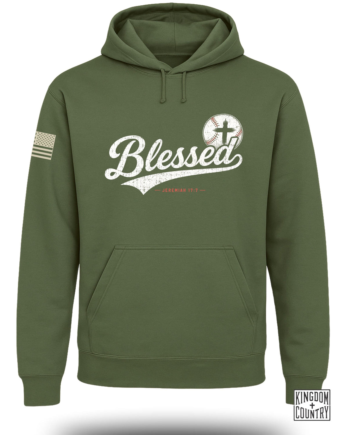 Olive green hooded sweatshirt with a front pocket, featuring the white text "Blessed" and a baseball graphic.