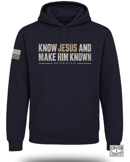 Navy hoodie with "Know Jesus and Make Him Known" text and American flag patch.