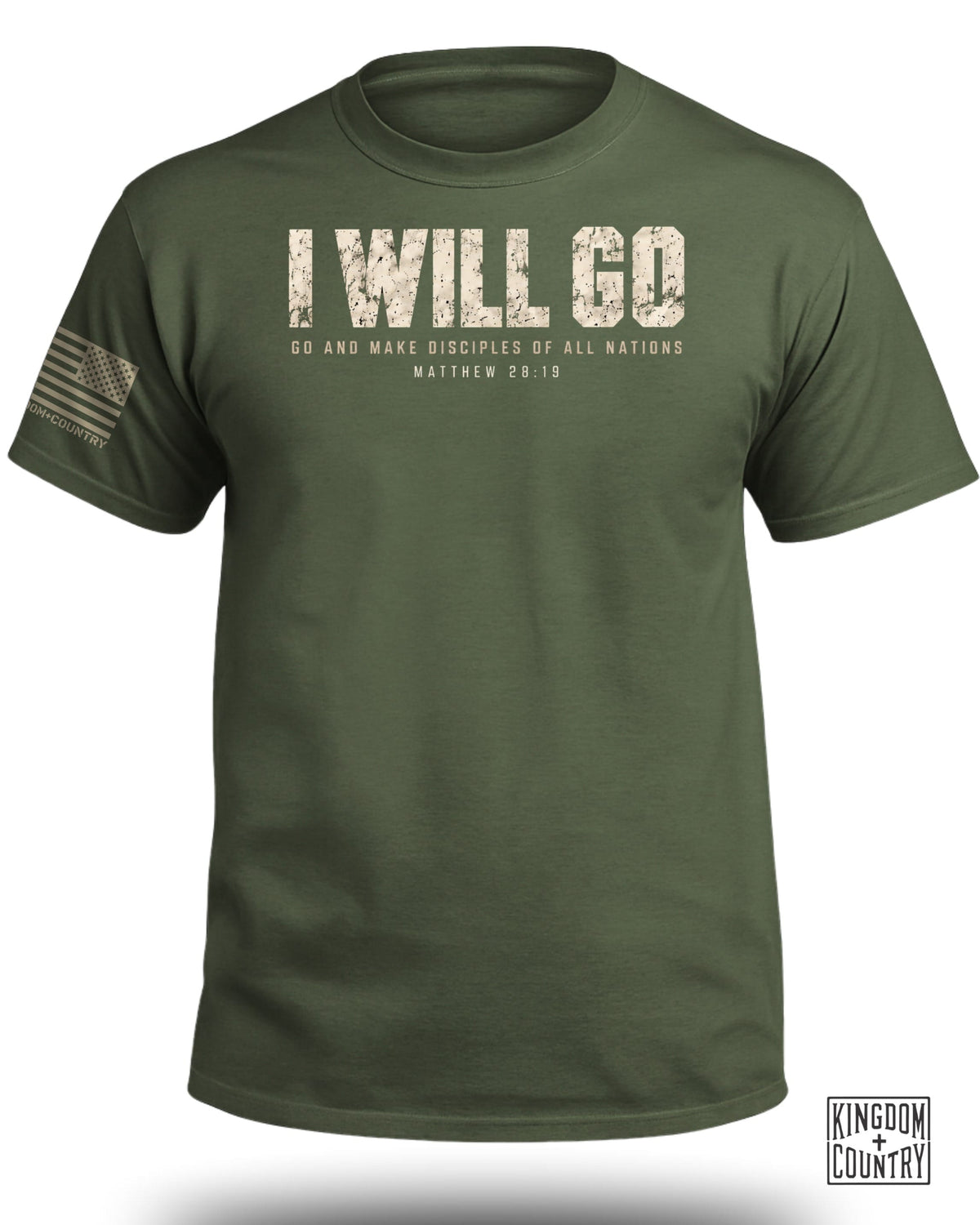 Olive green t-shirt with distressed text that reads I WILL GO and Matthew 28:19.