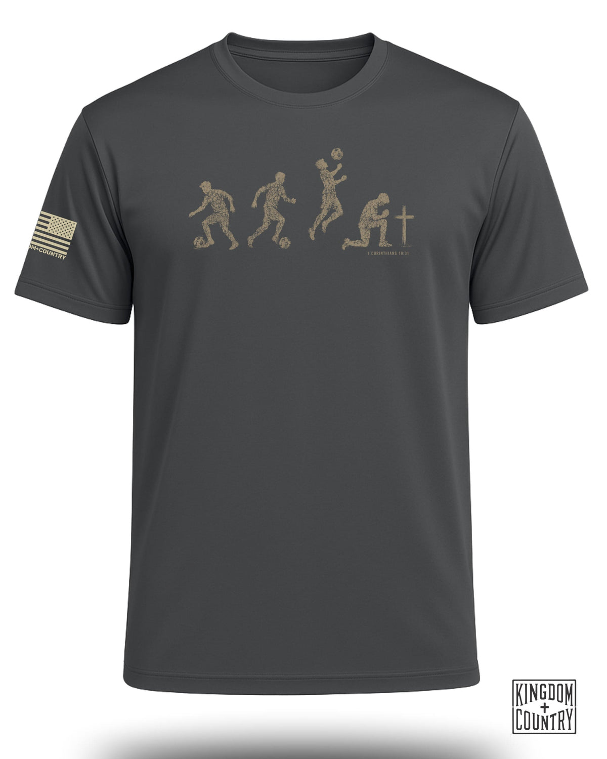Gray t-shirt with soccer player evolution graphic and 1 Corinthians 10:31 text.