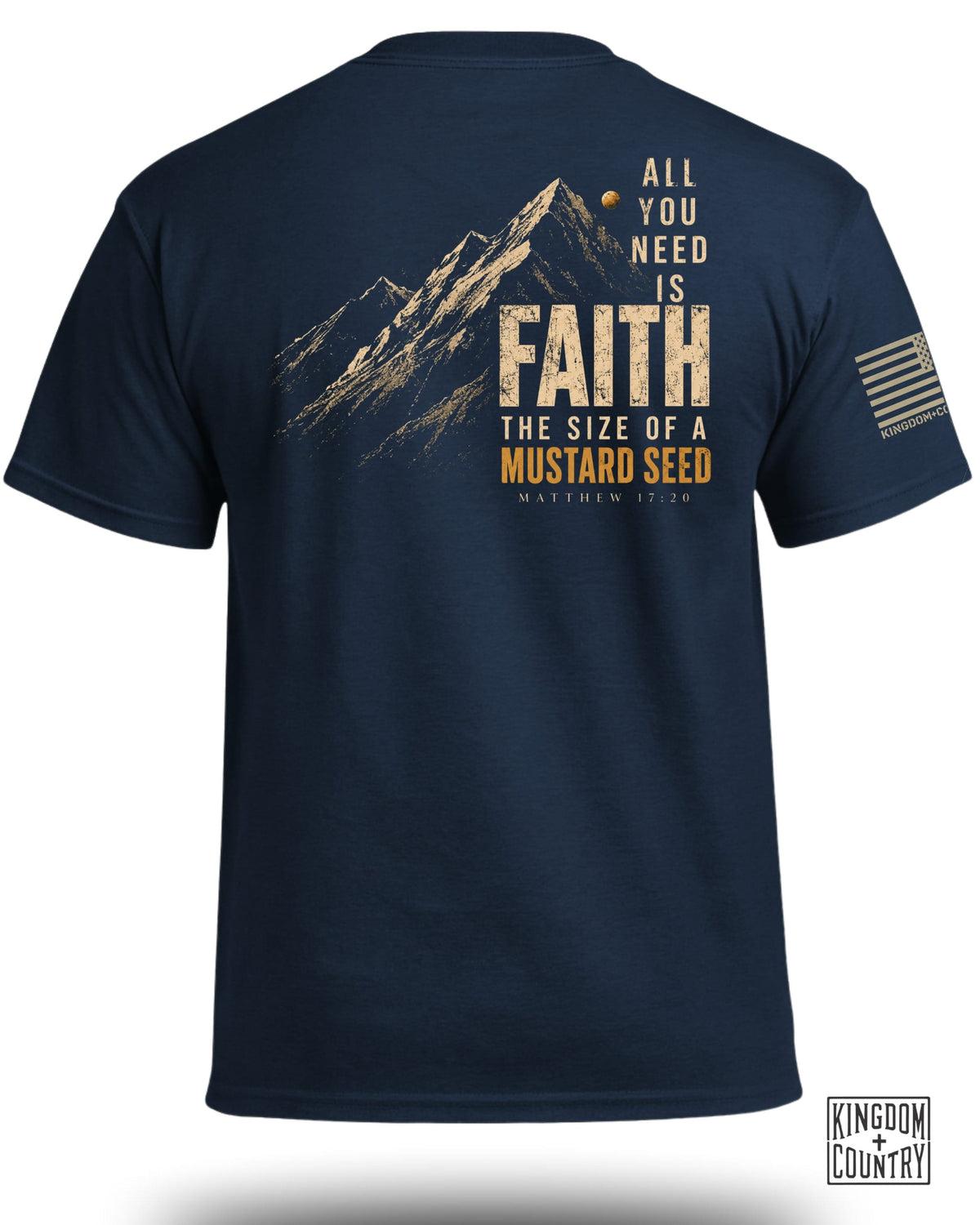 Navy t-shirt with mountains and text "All you need is Faith Matthew 17:20".