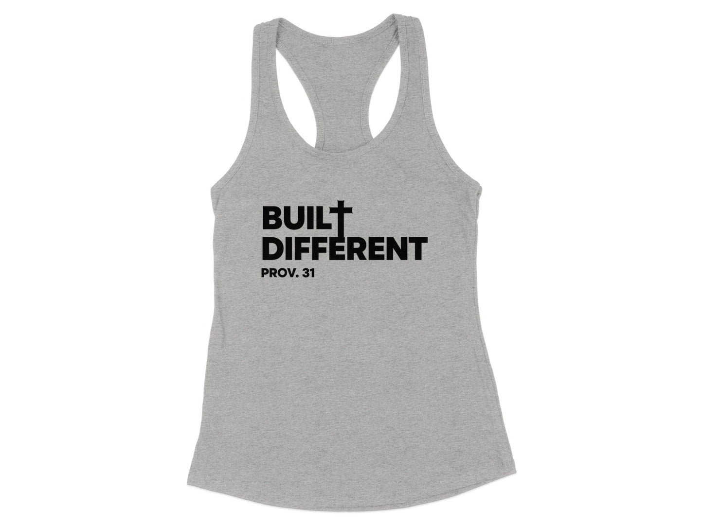 Gray racerback tank top with "BUILT DIFFERENT PROV. 31" in black text.