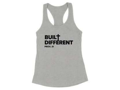 Gray racerback tank top with "BUILT DIFFERENT PROV. 31" in black text.