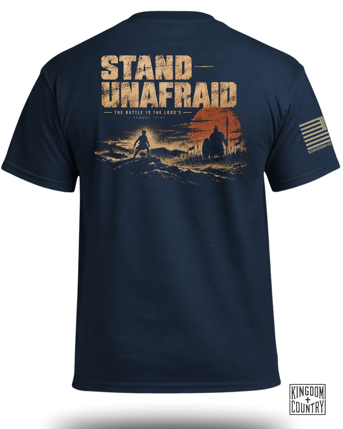 Navy t-shirt with "STAND UNAFRAID" graphic and biblical verse.