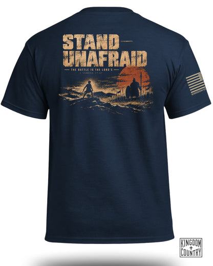 Navy t-shirt with "STAND UNAFRAID" graphic and biblical verse.