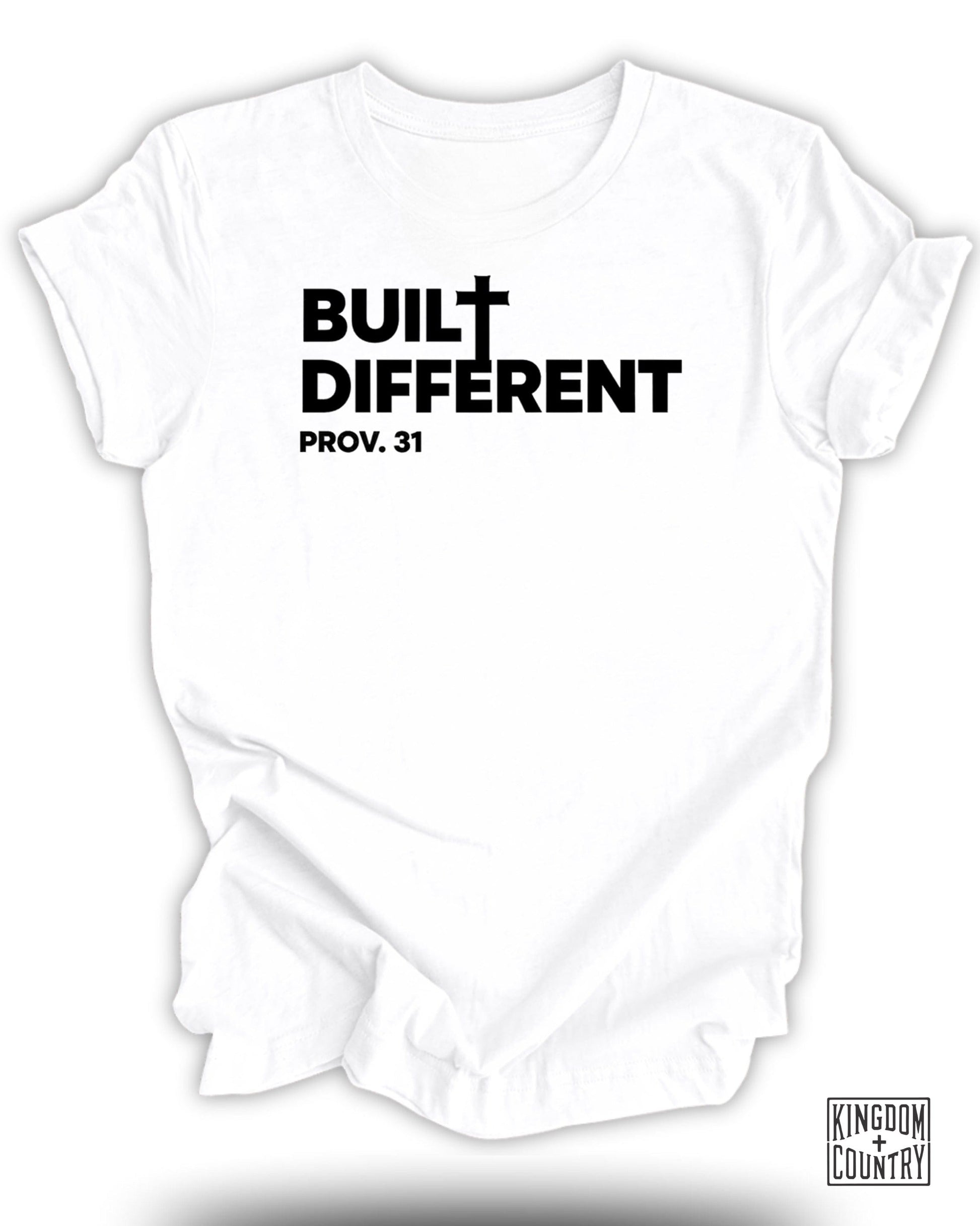 White t-shirt with "BUILT DIFFERENT" and "PROV. 31" in black text.