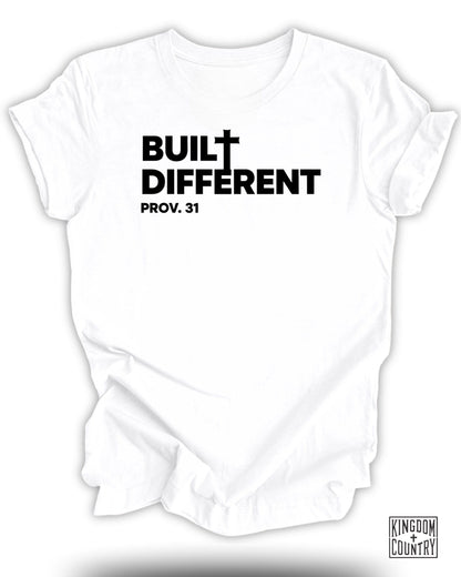 White t-shirt with "BUILT DIFFERENT" and "PROV. 31" in black text.