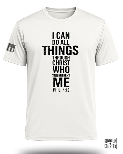 White t-shirt with black text and an American flag graphic.