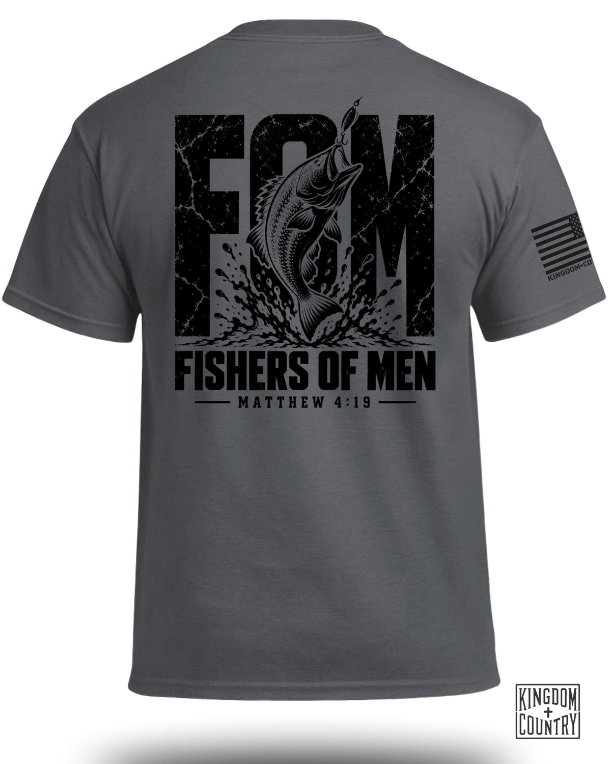 Gray t-shirt with black graphic of a bass jumping with a lure and text "FISHERS OF MEN MATTHEW 4:19".
