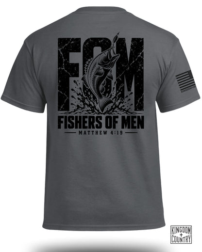 Gray t-shirt with black graphic of a bass jumping with a lure and text "FISHERS OF MEN MATTHEW 4:19".