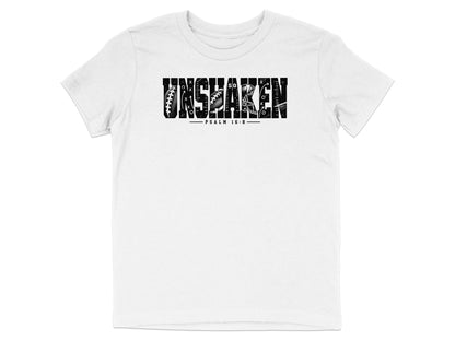 White t-shirt with "UNSHAKEN" text featuring football and helmet graphics.