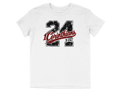 White t-shirt with distressed black 24 and "1 Corinthians 9:24" text.