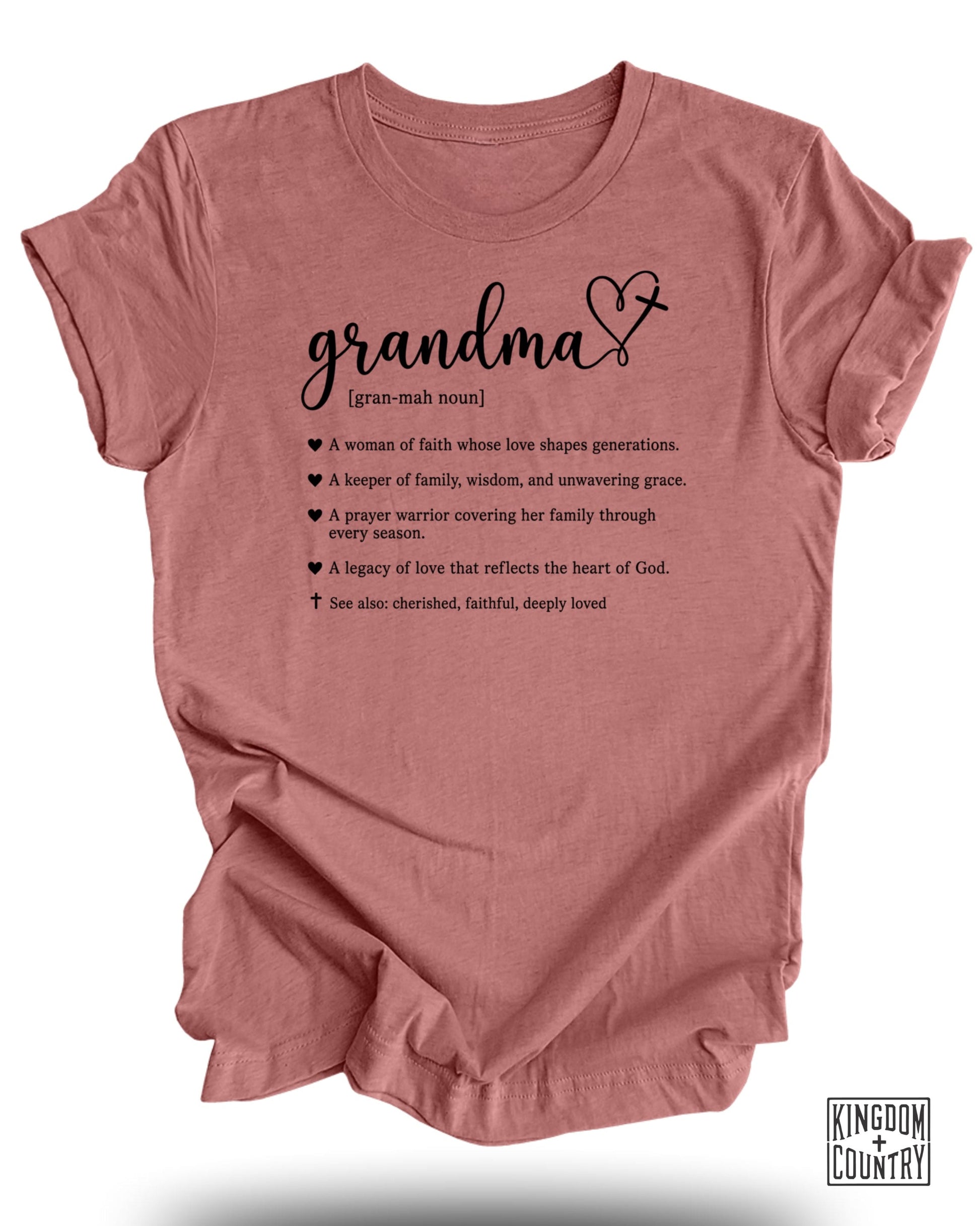 Grandma definition t-shirt with heart and cross icons.