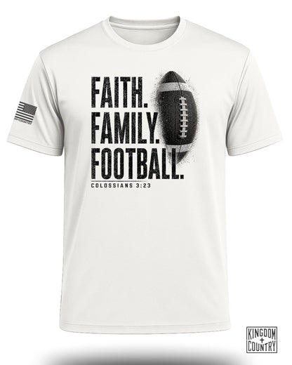 White t-shirt with "Faith. Family. Football." and Colossians 3:23.