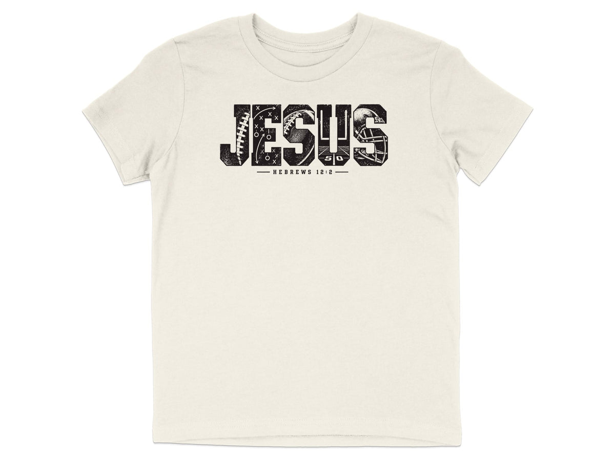 Cream t-shirt with "JESUS" text incorporating football imagery and "HEBREWS 12:2".