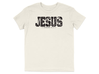 Cream t-shirt with "JESUS" text incorporating football imagery and "HEBREWS 12:2".