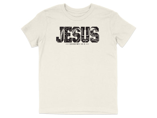 Cream t-shirt with "JESUS" text incorporating football imagery and "HEBREWS 12:2".