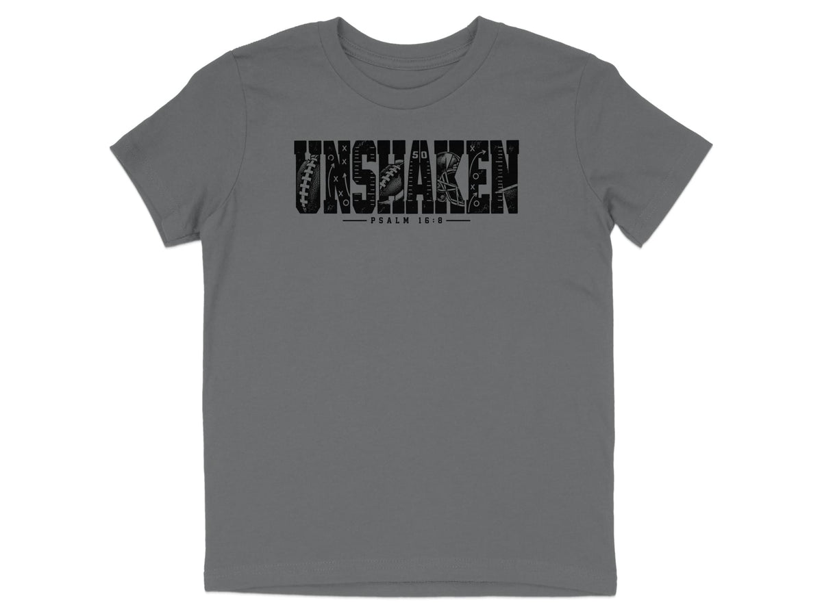 Grey t-shirt with black "UNSHAKEN" text featuring football graphics and "PSALM 16:8".