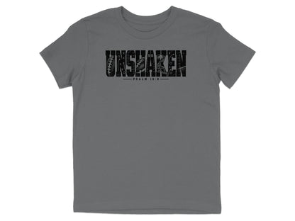 Grey t-shirt with black "UNSHAKEN" text featuring football graphics and "PSALM 16:8".