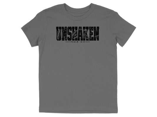 Grey t-shirt with black "UNSHAKEN" text featuring football graphics and "PSALM 16:8".