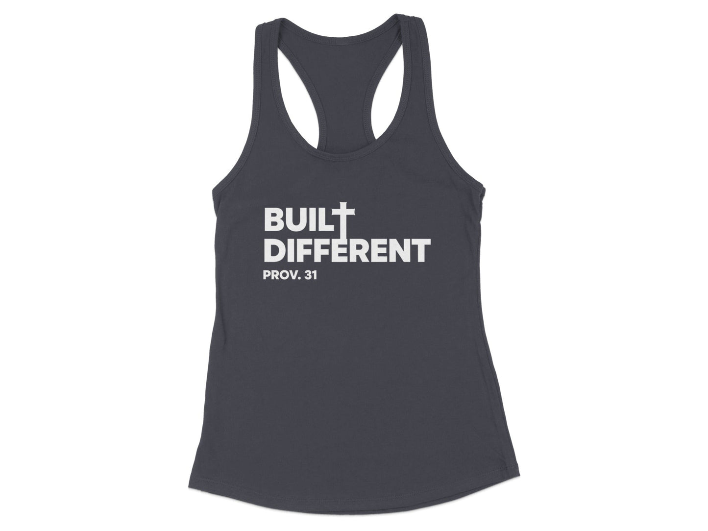 Charcoal tank top with "BUILT DIFFERENT PROV. 31" printed in white.