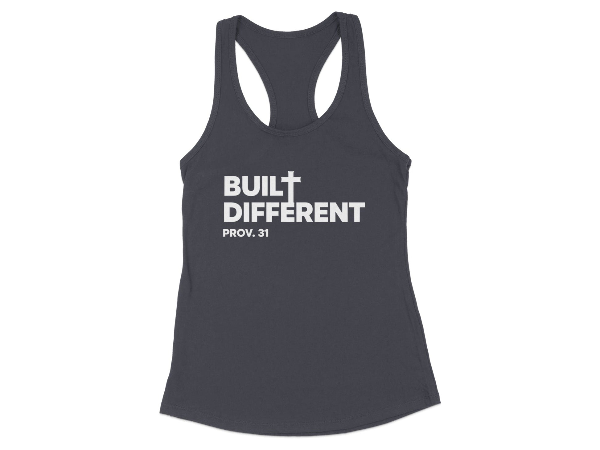 Charcoal tank top with "BUILT DIFFERENT PROV. 31" printed in white.