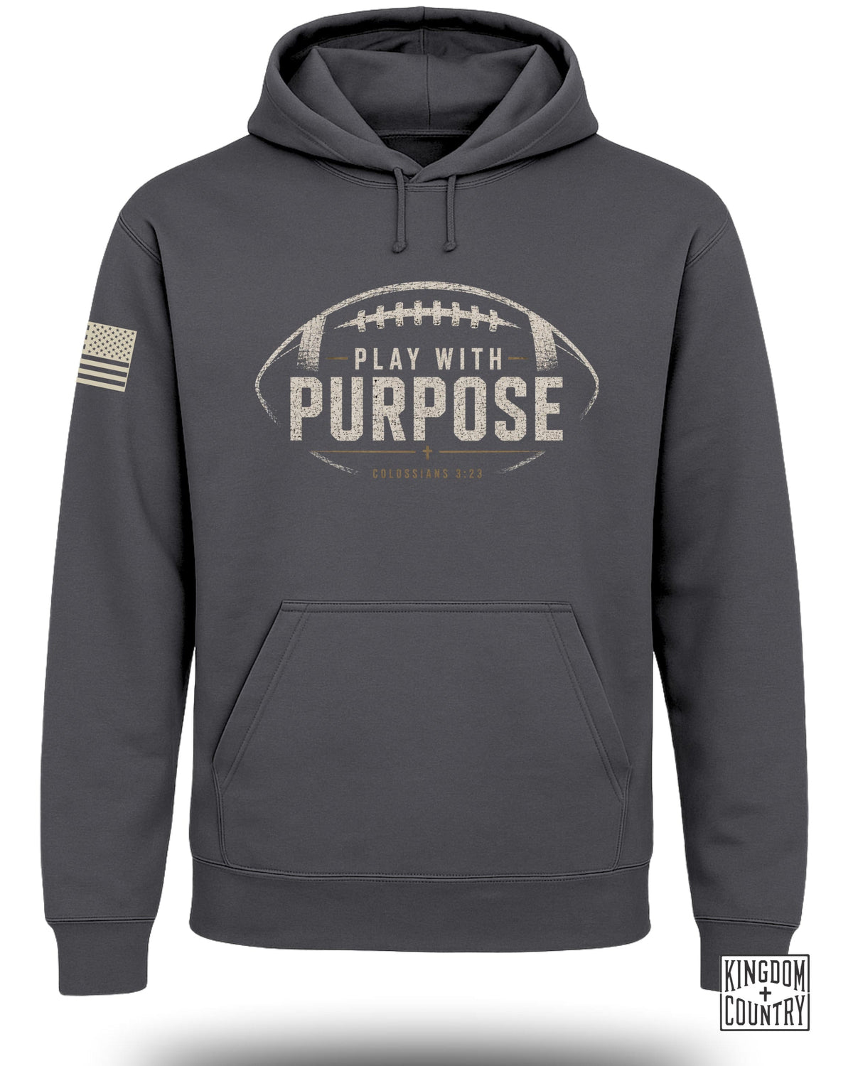 Dark gray hoodie with football graphic and "Play with Purpose" text.