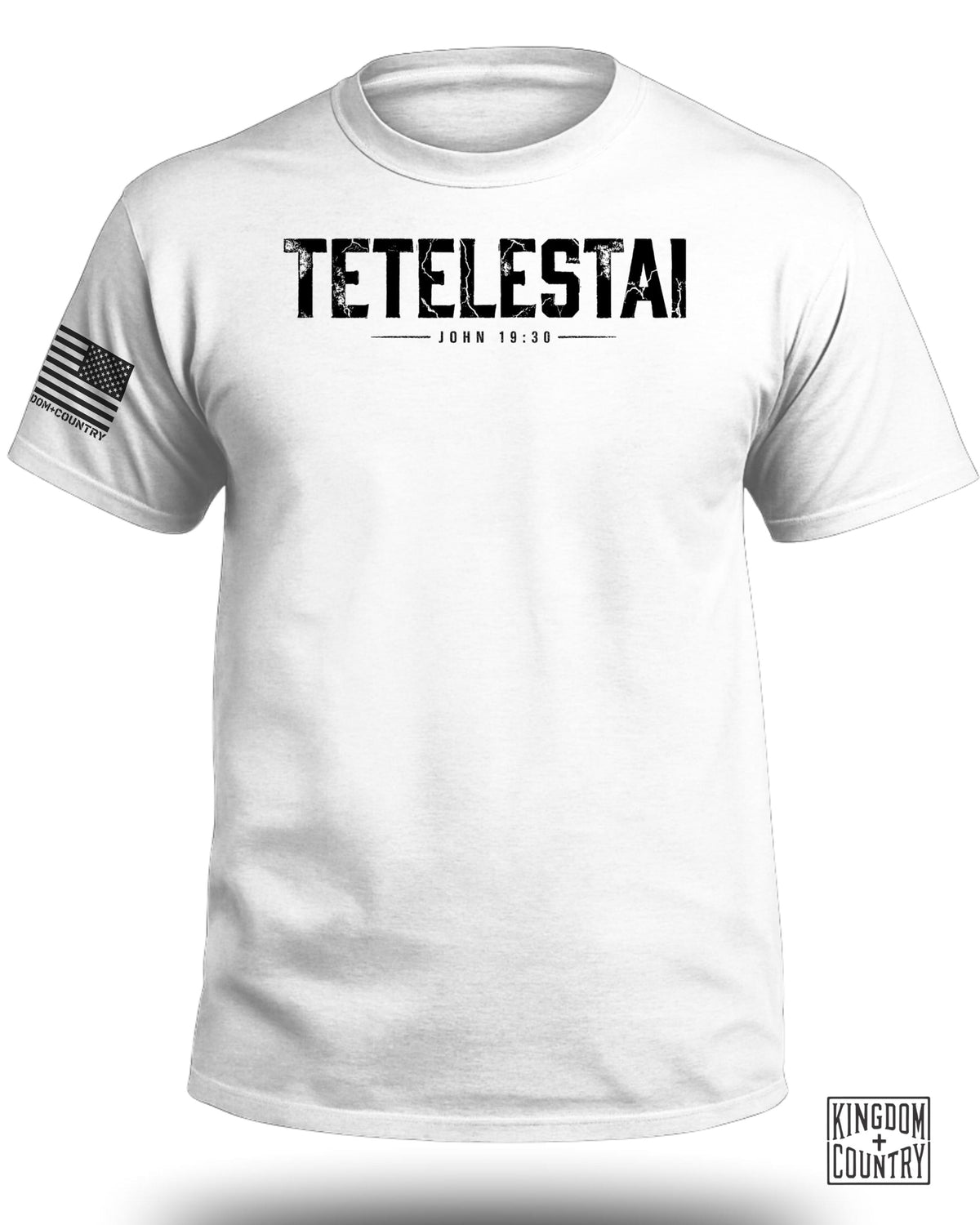 White t-shirt with "TETELSTAI JOHN 19:30" text and US flag patch.